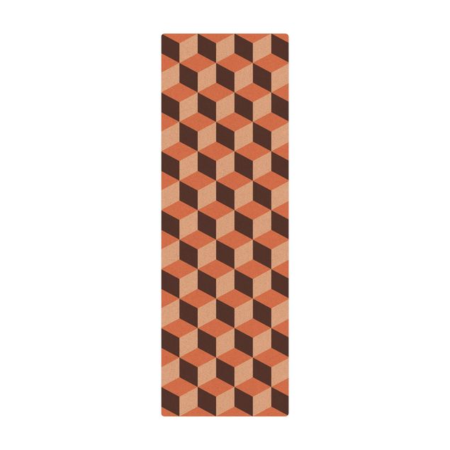 Kork-Teppich - Geometrischer Fliesenmix Würfel Orange - Hochformat 1:2