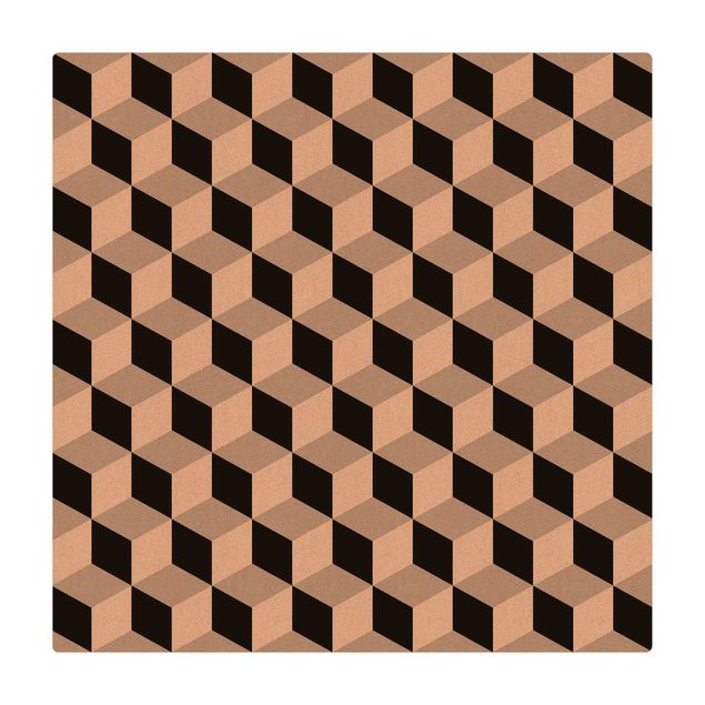 Kork-Teppich - Geometrischer Fliesenmix Würfel Schwarz - Quadrat 1:1