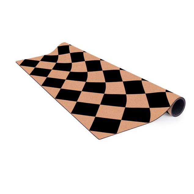 Kork-Teppich - Geometrisches Muster gedrehtes Schachbrett Schwarz Weiß - Quadrat 1:1
