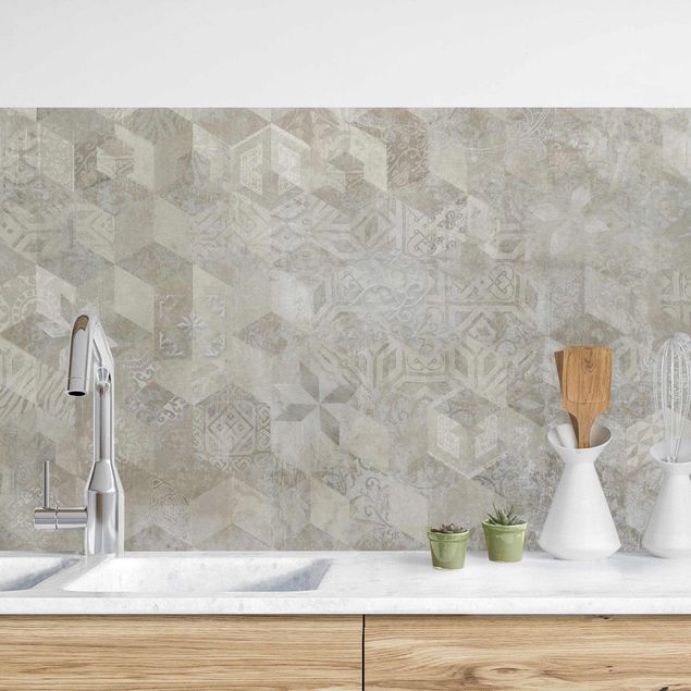 Platte Küchenrückwand Geometrisches Vintage Muster mit Ornamenten Beige
