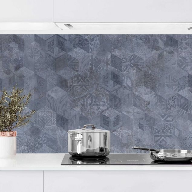 Platte Küchenrückwand Geometrisches Vintage Muster mit Ornamenten Blau