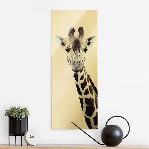 Glasbilder XXL Giraffen Portrait in Schwarz-weiß