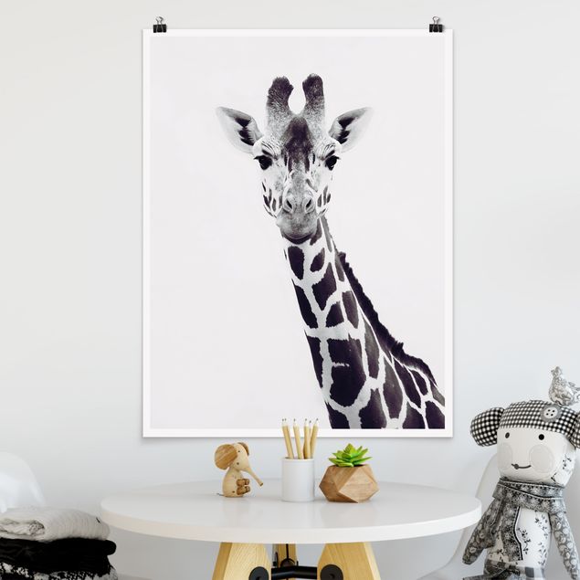 Wand Poster XXL Giraffen Portrait in Schwarz-weiß