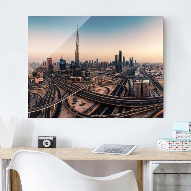 Glasbild Skyline Abendstimmung in Dubai