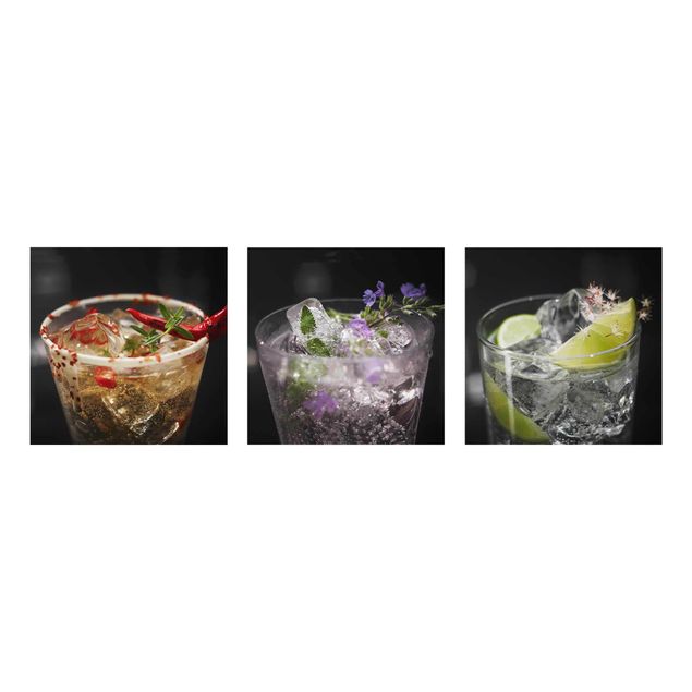 Glasbild - Drinks mit Eiswürfel Nahaufnahme 3-teilig