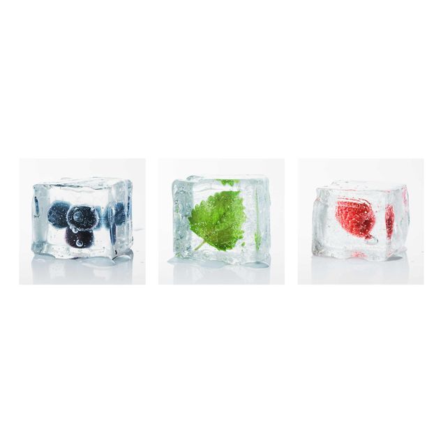 Glasbild - Früchte und Melisse im Eiswürfel 3-teilig