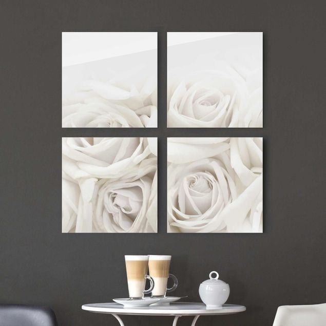 Glasbild mehrteilig - Weiße Rosen 4-teilig - Blumenbild Glas