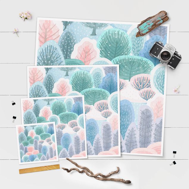Poster - Glücklicher Wald in Pastell - Quadrat 1:1