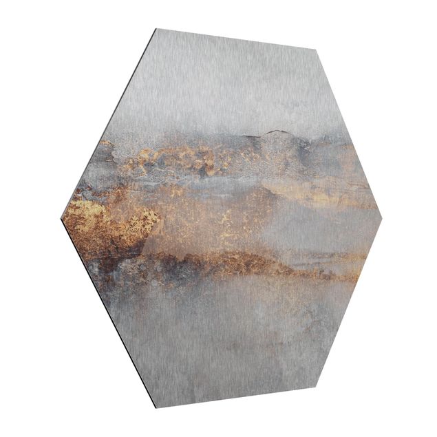 Hexagon Bild Alu-Dibond - Gold-Grauer Nebel