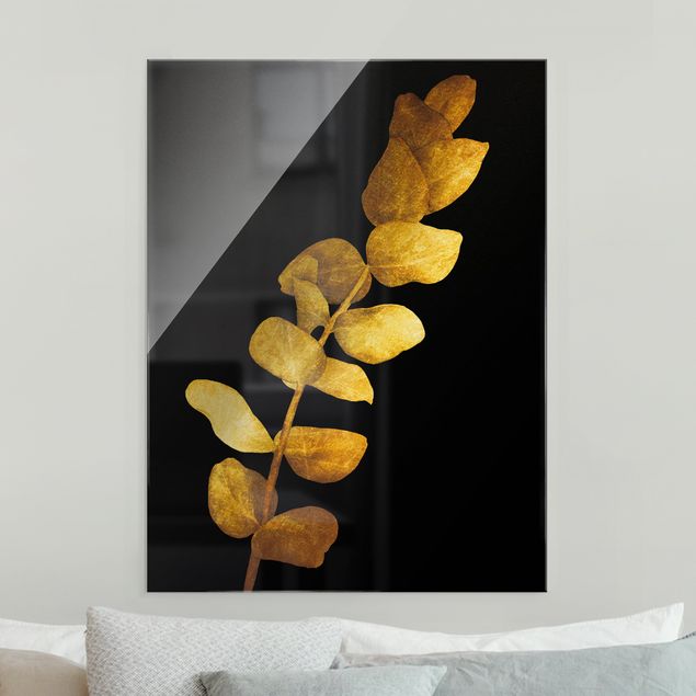 Glasbilder Blumen Gold - Eukalyptus auf Schwarz