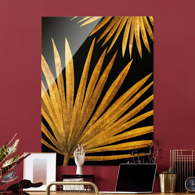 Blumen Glasbilder Gold - Palmenblatt auf Schwarz