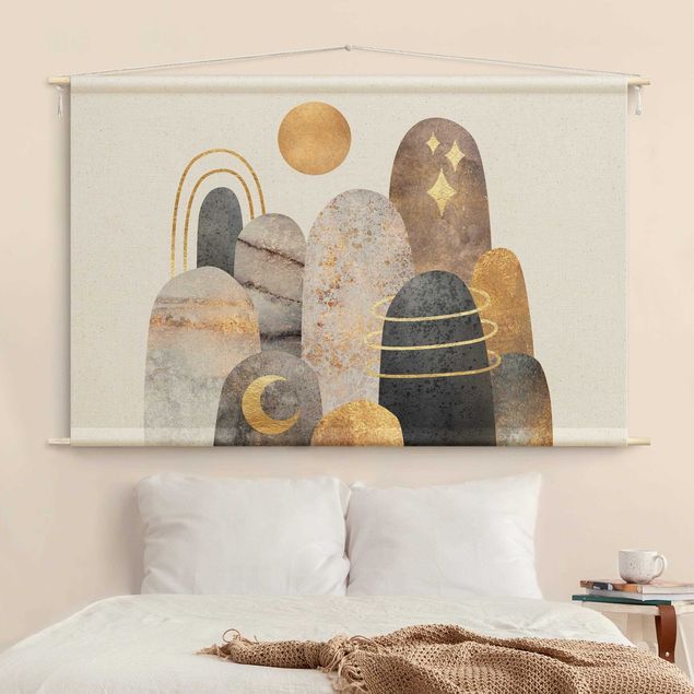 Wandbehang Stoff Gold Berge mit Mond