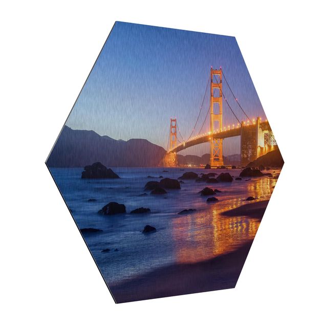 Hexagon Bild Alu-Dibond - Golden Gate Bridge am Abend