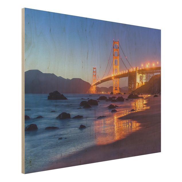 Holzbilder Syklines Golden Gate Bridge am Abend