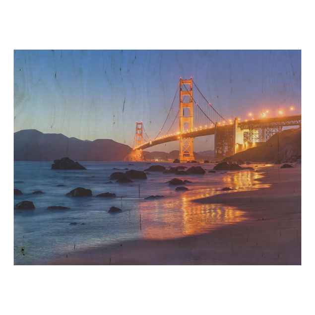 Bilder auf Holz Golden Gate Bridge am Abend