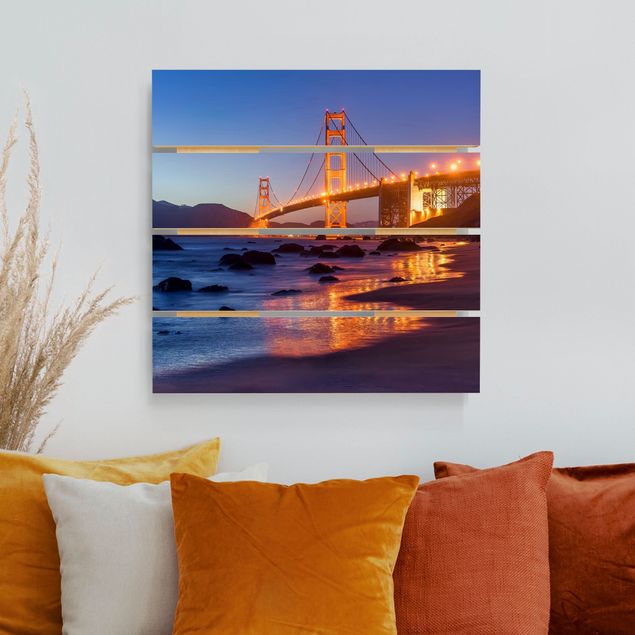 Holzbilder Syklines Golden Gate Bridge am Abend