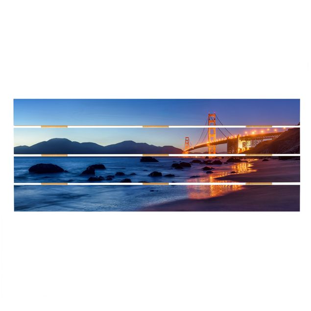 Holzbild - Golden Gate Bridge am Abend - Panorama