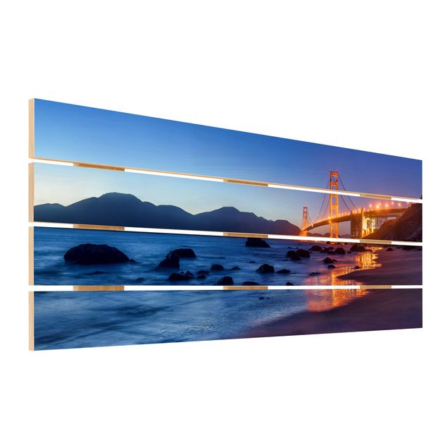 Holzbild - Golden Gate Bridge am Abend - Panorama