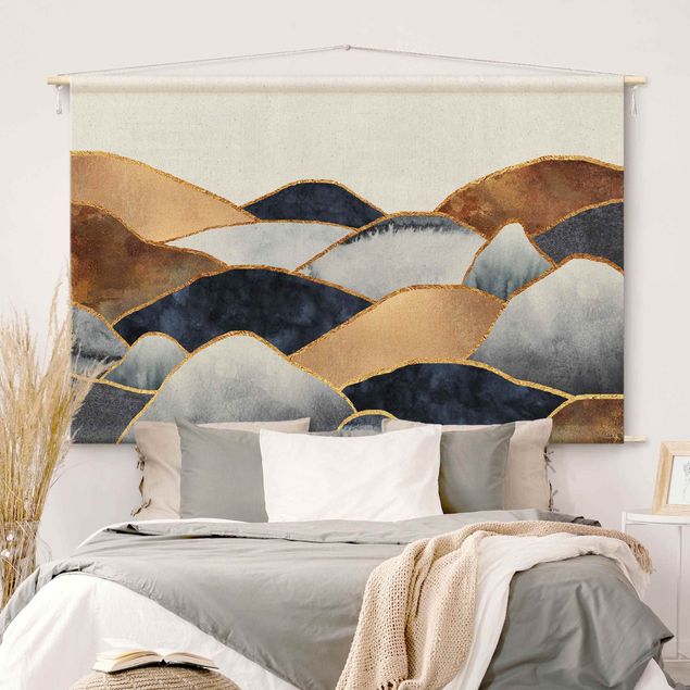 Wandteppich modern Goldene Berge Aquarell