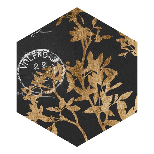 Hexagon Mustertapete selbstklebend - Goldene Blätter auf Mokka II