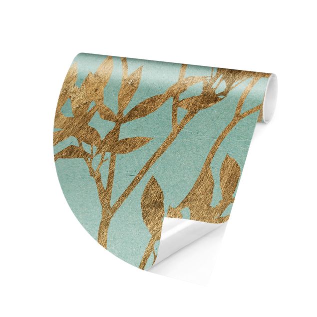 Runde Tapete selbstklebend - Goldene Blätter auf Turquoise I