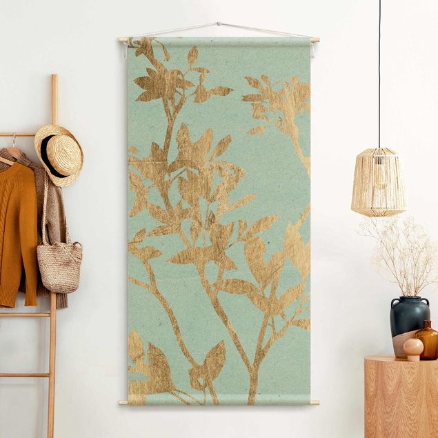 Wandteppich modern Goldene Blätter auf Turquoise II