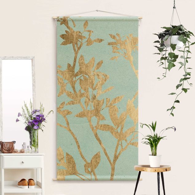 Wandbehang Goldene Blätter auf Turquoise II