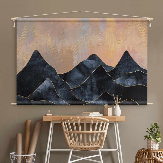 Wandbehang Stoffbild Goldene Dämmerung über Gebirge