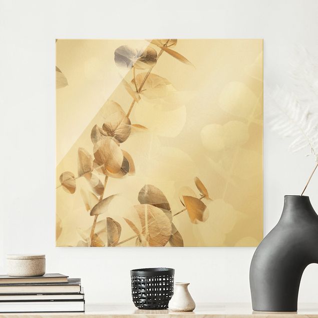 Glas Wandbilder XXL Goldene Eukalyptuszweige mit Weiß I