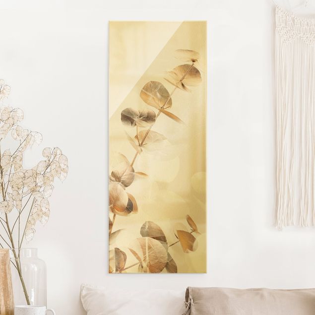 XXL Glasbilder Goldene Eukalyptuszweige mit Weiß I