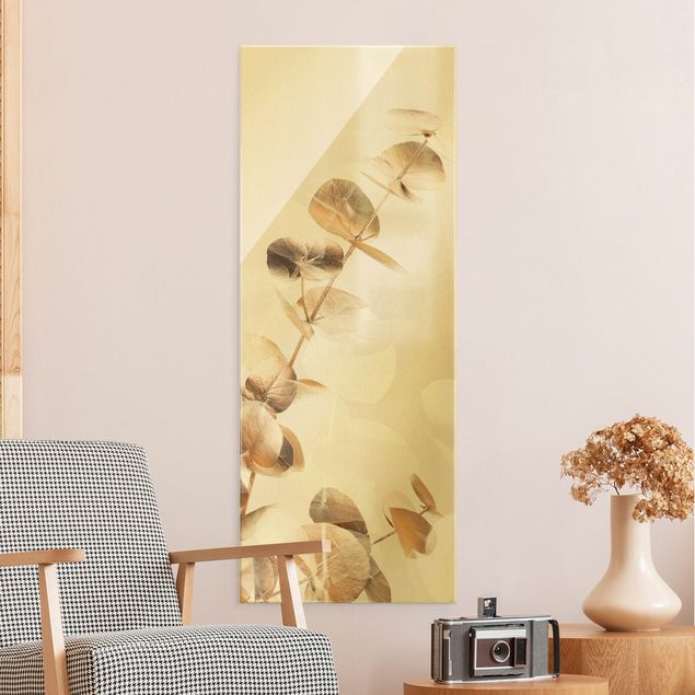 Blumen Glasbilder Goldene Eukalyptuszweige mit Weiß I