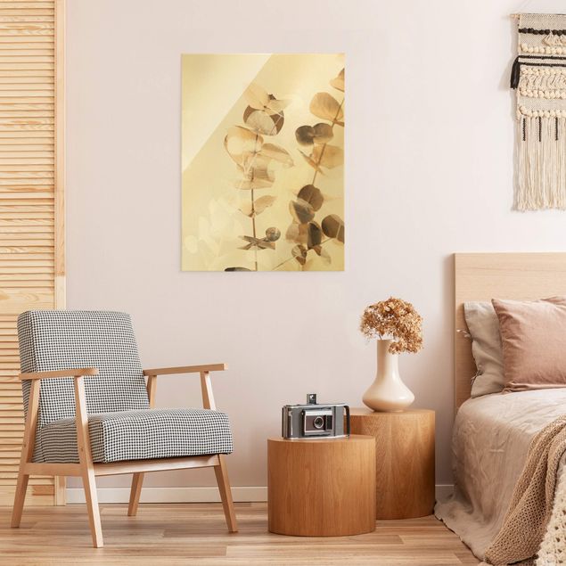 Glasbilder Goldene Eukalyptuszweige mit Weiß II