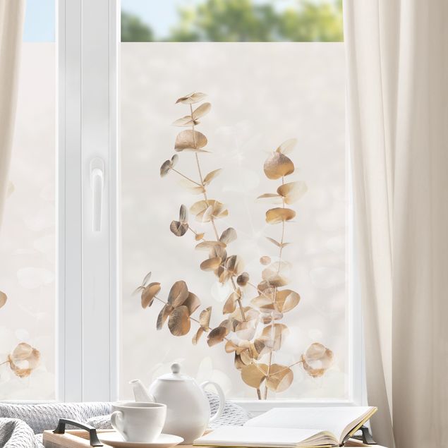 Fensterfolie Motiv Blumen Goldene Eukalyptuszweige mit Weiß