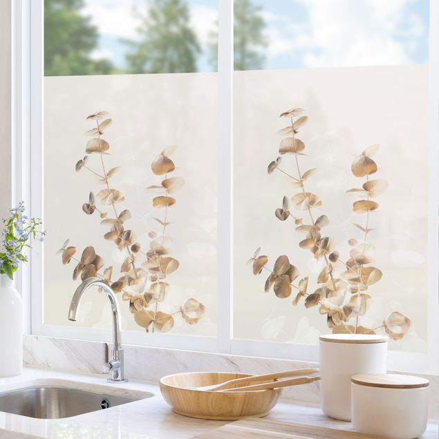 bunte Fensterfolie Goldene Eukalyptuszweige mit Weiß
