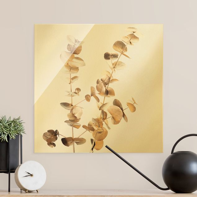 Glasbilder Blumen Goldene Eukalyptuszweige