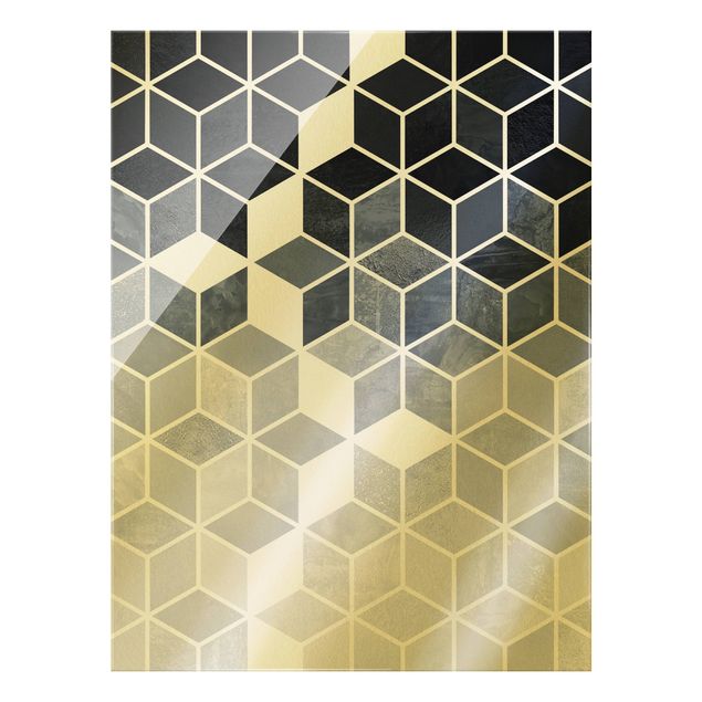 Glasbild - Blau Weiß goldene Geometrie - Hochformat 4:3