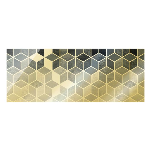 Glasbild - Goldene Geometrie - Blau Weiß - Panorama 5:2