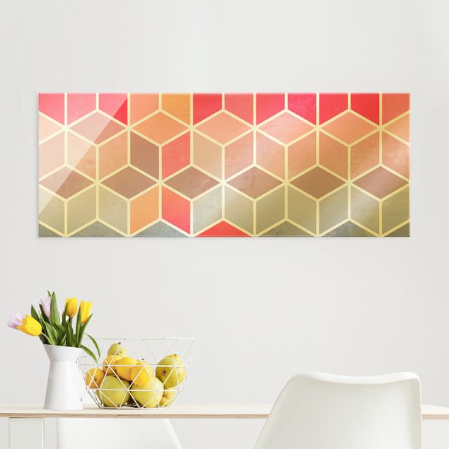 Glas Wandbilder XXL Goldene Geometrie - Buntes Pastell
