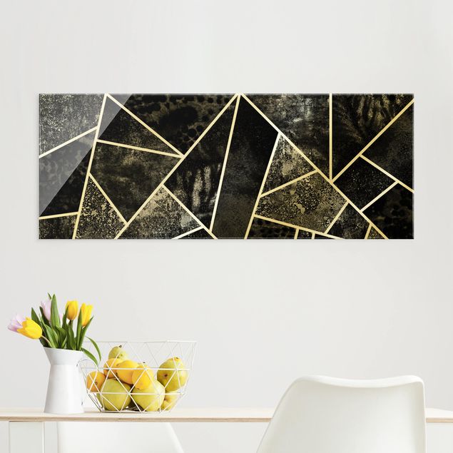 Glas Wandbilder XXL Goldene Geometrie - Graue Dreiecke