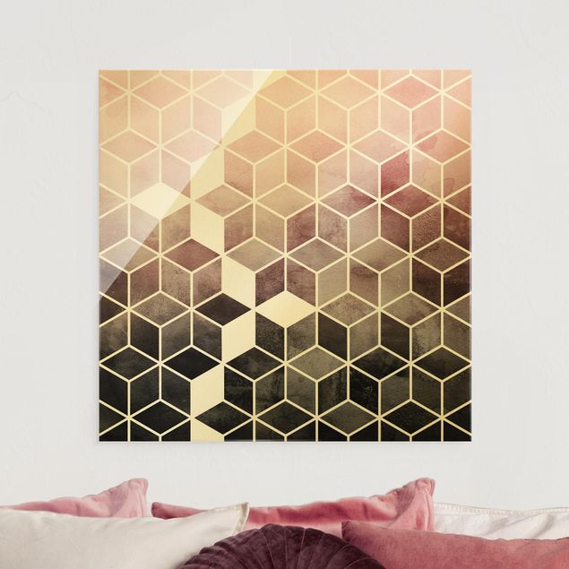 Glasbild - Rosa Grau goldene Geometrie - Quadrat 1:1
