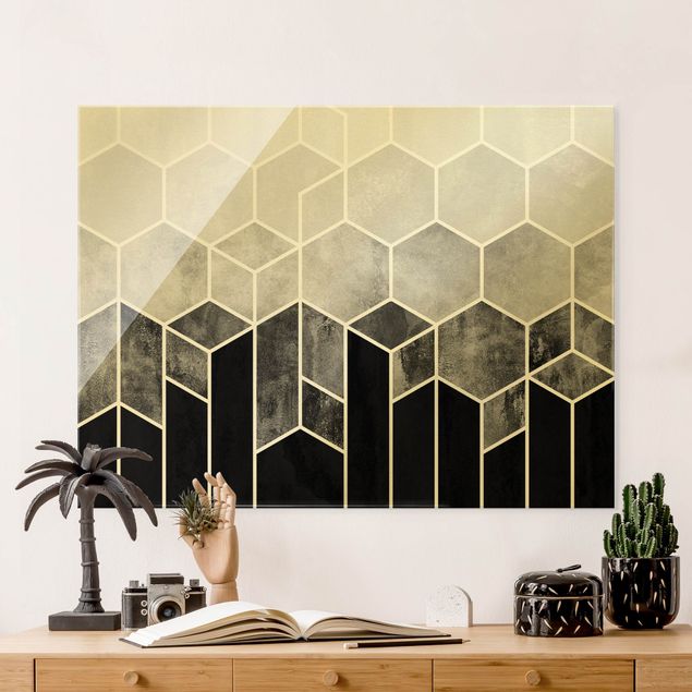 Glas Wandbilder XXL Goldene Geometrie - Sechsecke Schwarz Weiß