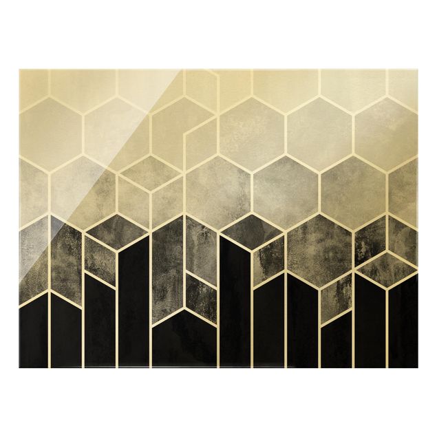 Glas Wandbilder Goldene Geometrie - Sechsecke Schwarz Weiß