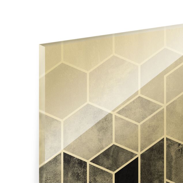 Glasbild - Goldene Geometrie - Sechsecke Schwarz Weiß - Querformat 4:3