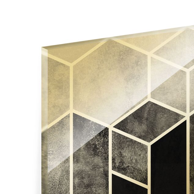 Glasbild - Goldene Geometrie - Sechsecke Schwarz Weiß - Panorama 5:2