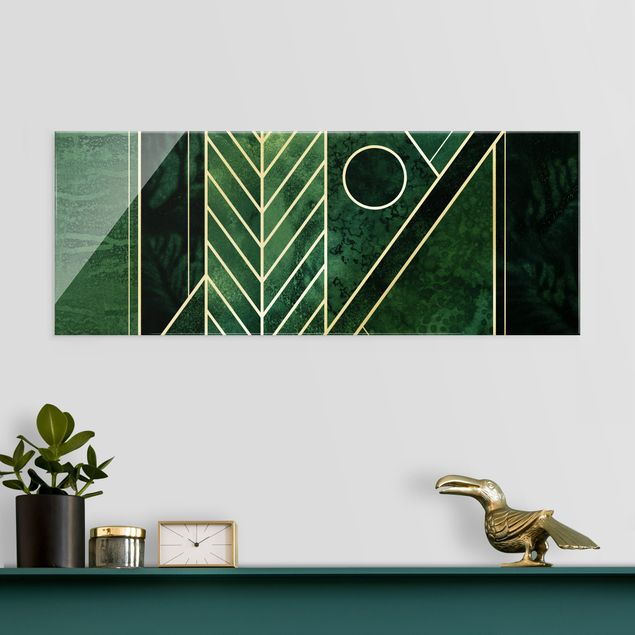 Glas Wandbilder XXL Goldene Geometrie - Smaragd