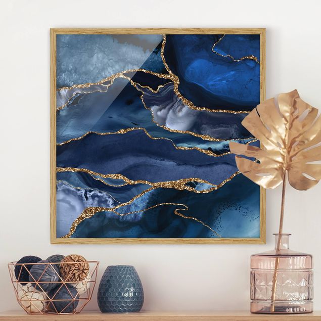 Moderne Bilder mit Rahmen Goldene Glitzer Wellen vor Blau