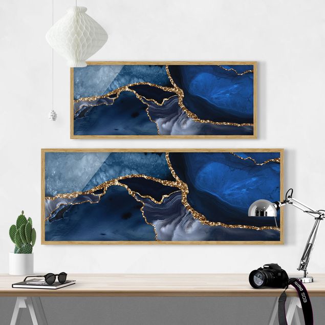 Wandbilder mit Rahmen Goldene Glitzer Wellen vor Blau