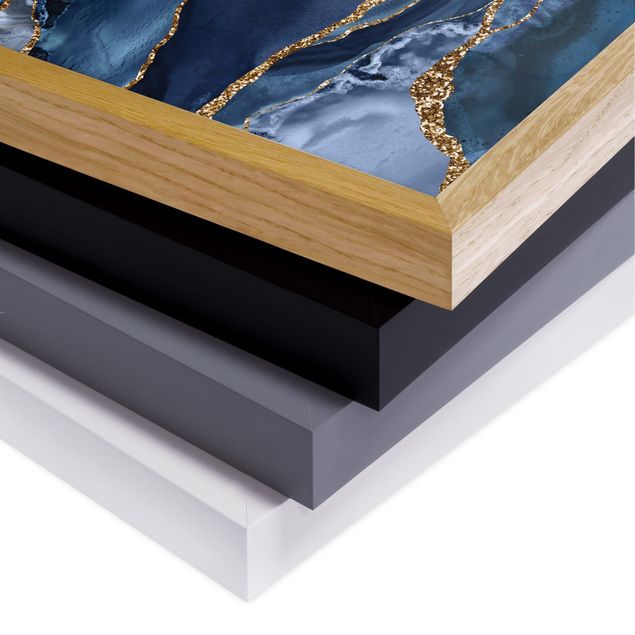 Bild mit Rahmen - Goldene Glitzer Wellen vor Blau - Quadrat 1:1