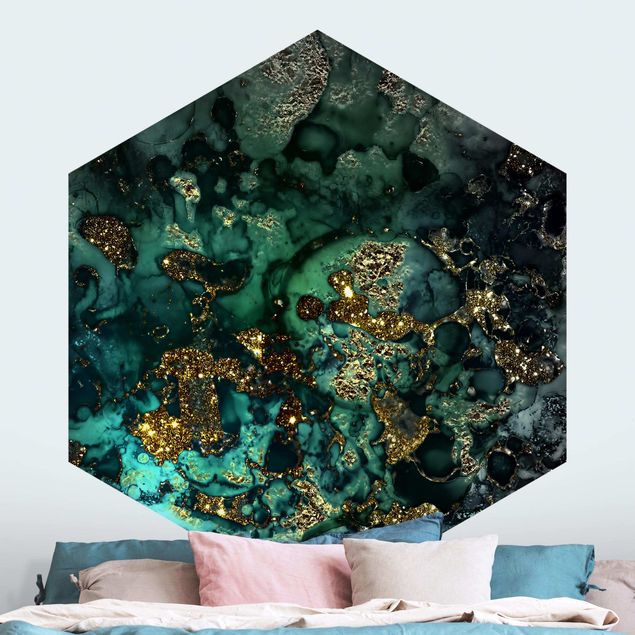 Hexagon Mustertapete selbstklebend - Goldene Meeres-Inseln Abstrakt