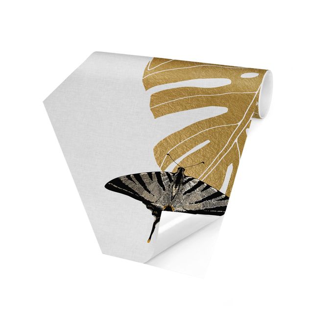 Hexagon Mustertapete selbstklebend - Goldene Monstera mit Schmetterling